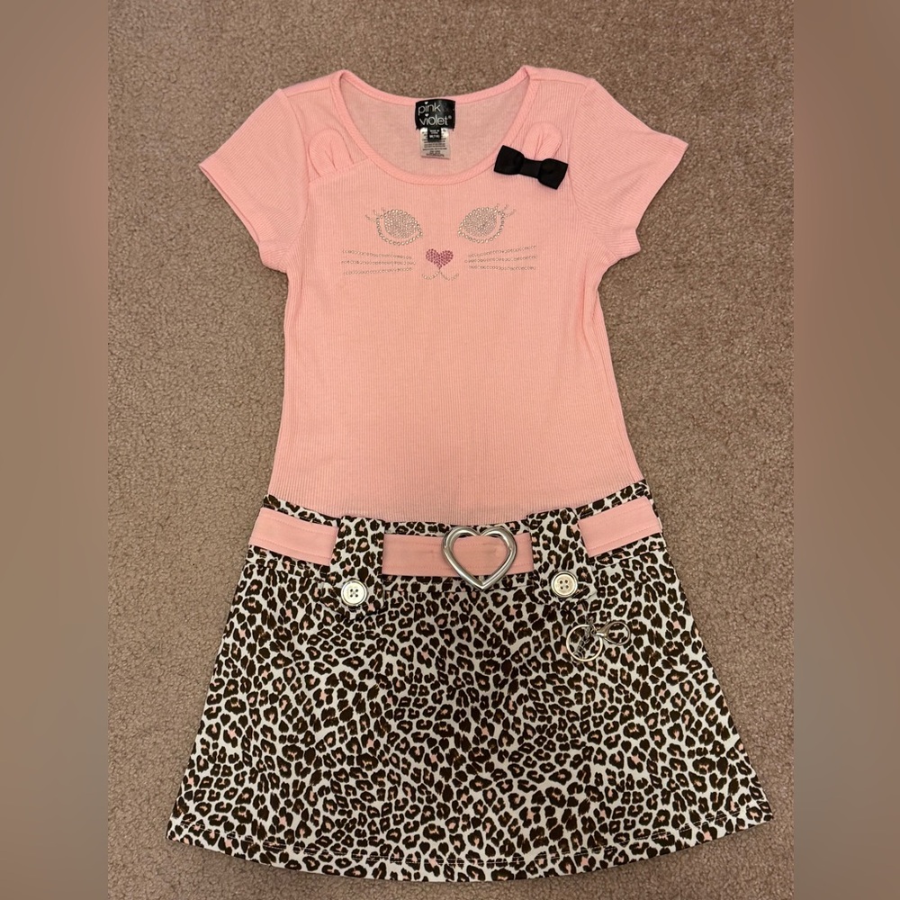 Charming Pink Cat Face Dress with Leopard Skirt